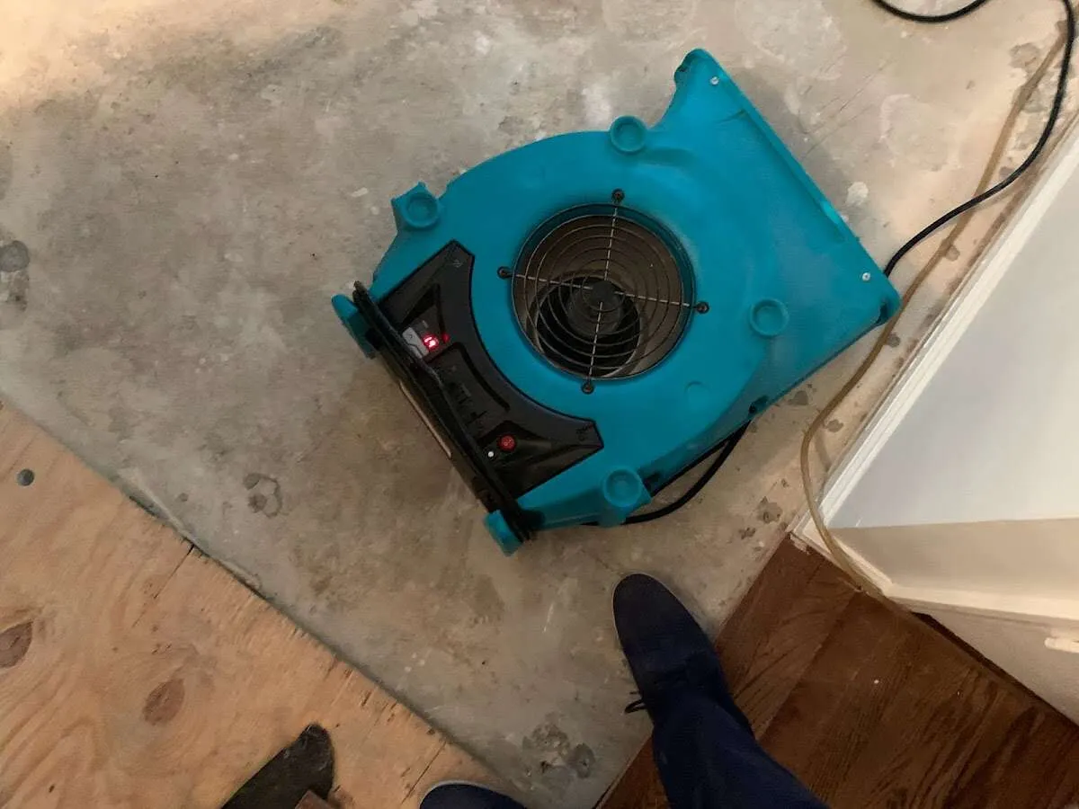 Air mover drying subfloor during Leak Detection & Repair in Meridian